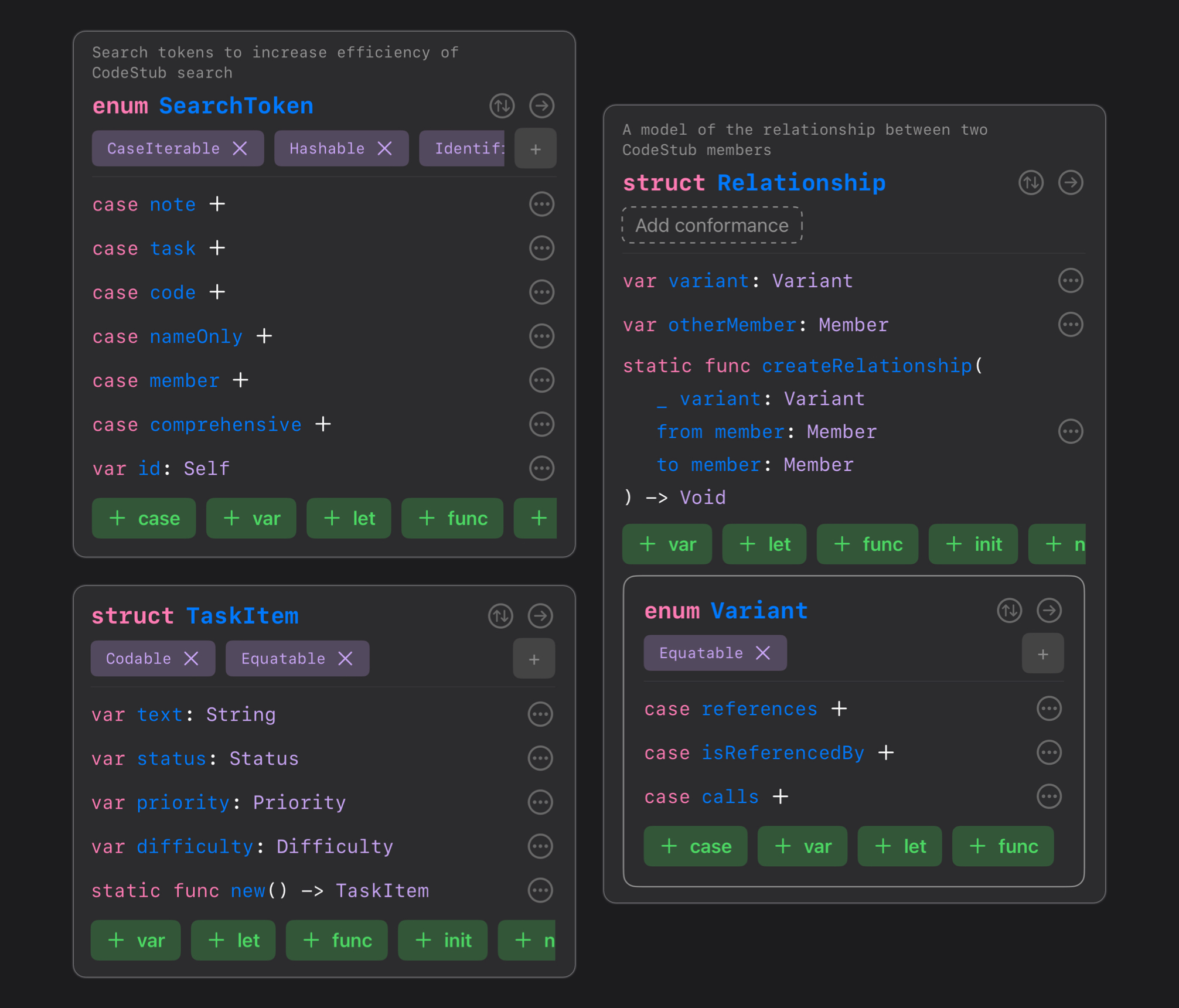 CodeStub mobile app showing data and object relationships